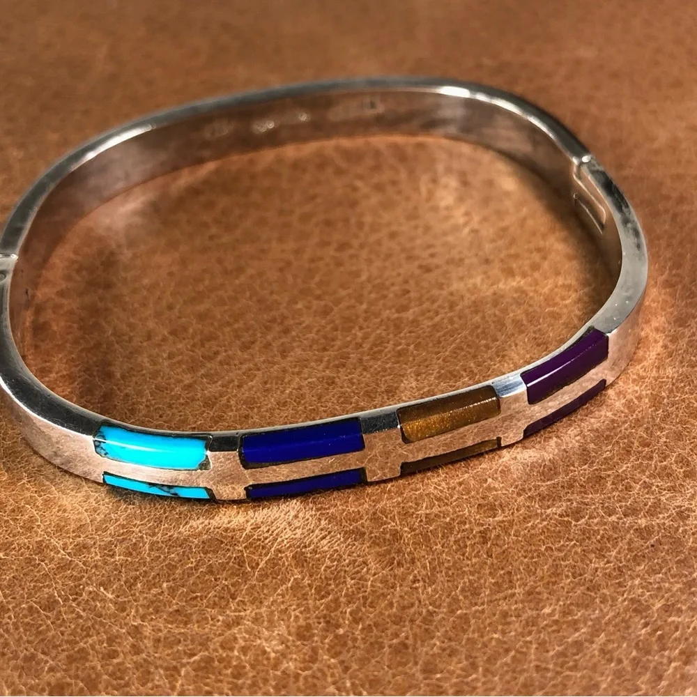 MCM HINGED CUFF STERLING SILVER TAXCO WOMENS TURQUOISE TIGERS EYE LAPIS SUGILITE - Picture 1 of 12